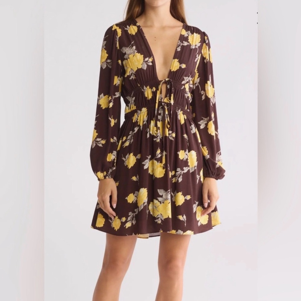 NWT- WAYF long sleeve floral romper, brown/yellow, size small